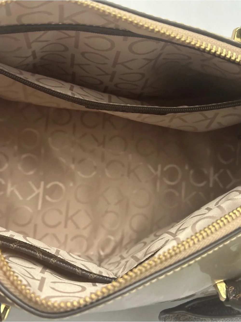 Calvin Klein Metallic Gold and Brown Dome Satchel with Removable Pouch